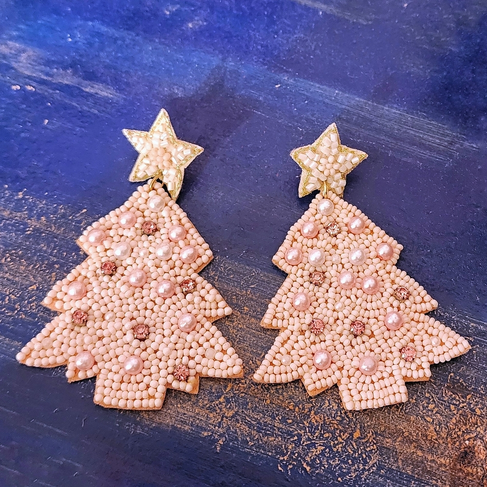 LoveShackFancy Pink Beaded Christmas Tree Earrings